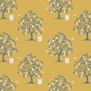 Lemon Tree Grove with bee hives in Golden Yellow, Blue, Pale Yellow, and Cream