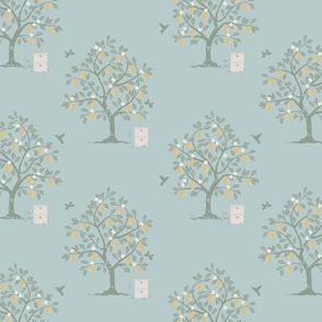 Lemon Tree Grove with bee hives in Blue, Sage Green, Pale Yellow, and Cream