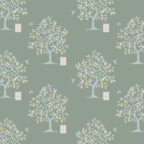 Lemon Tree Grove with bee hives in Sage Green, Pale Blue, Pale Yellow, and Cream