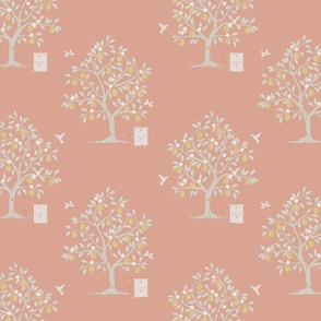 Lemon Tree Grove with bee hives in Terracotta Red, Sage Green, Pale Yellow, and Cream