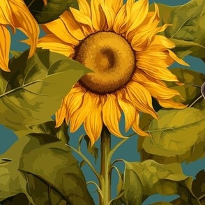 24" Fall Sunflower Flower Field with Butterflies in Teal by Audrey Jeanne