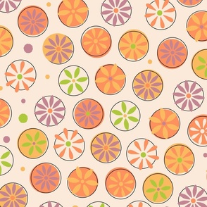 Colorful Dotted Circles and Retro Flowers on Cream