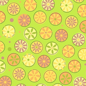 Colorful Geometric Retro Flowers on Lime Green