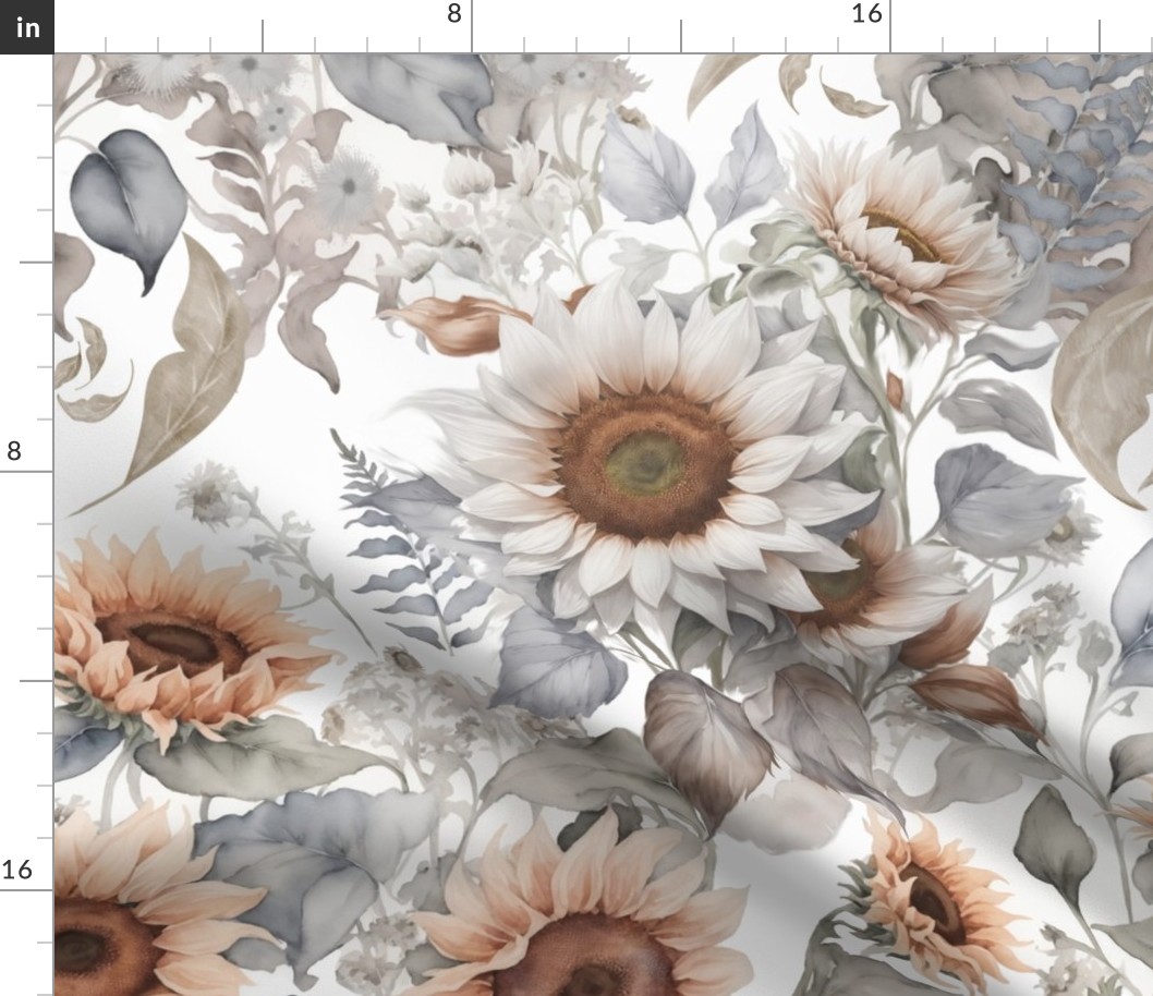 Dreamy Sunflowers in Coral Peach, Beige, Soft Grey Tones Large Print