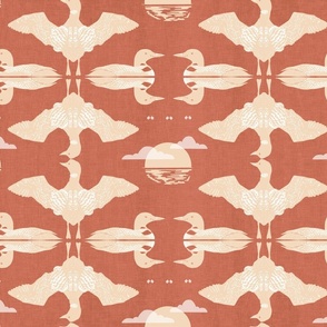 Common Loon Lake-Life  B -2-tan on rust with peach linen texture (large scale)