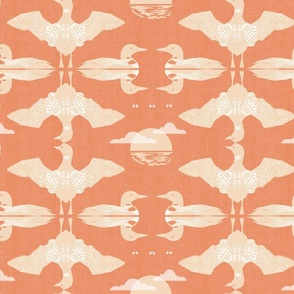 Common Loon Lake-Life  B -2-tan on orange with tan linen texture (large scale)