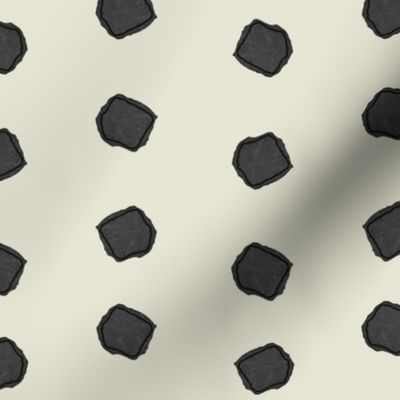 Big half-drop watercolor black ebony with black ebony outline polka dots on white ecru beige