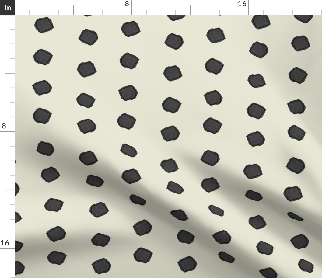 Big half-drop watercolor black ebony with black ebony outline polka dots on white ecru beige