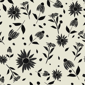 Scattered botanical watercolor flowers and dots in black ebony charcoal  stem and leaves on white ecru beige 