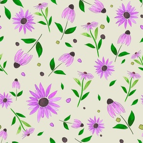 Scattered botanical watercolor flowers and dots in violet purple, green emerald stem and leaves on white ecru beige 