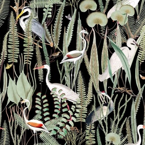 Herons in marsh, on black - WALLPAPER 24" repeat