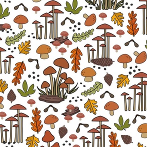 Hand-Drawn Doodle Mushrooms and Leaves on White