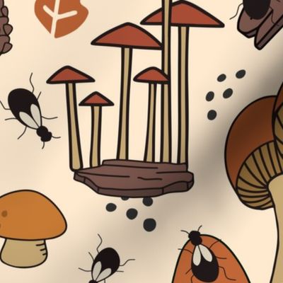 Colorful Autumn Mushrooms and Beetles on Tan