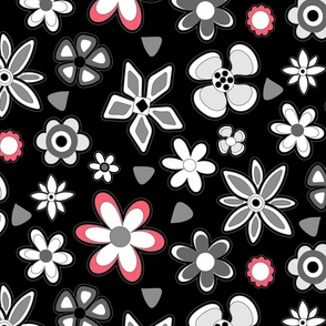 Black and White Retro Floral Print in Pink and Grey on Black