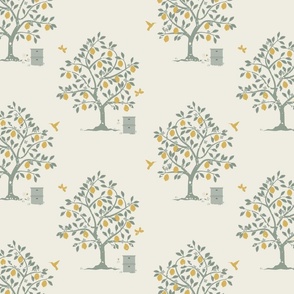Lemon Tree Grove with bee hives in Blue, Yellow, and Cream