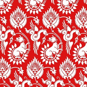 14th Century Damask with Winged Serpents, white on red