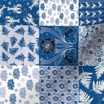 Blue Botanic Cheater Quilt | small 3 inch squares | rotated