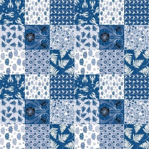 Blue Botanic Cheater Quilt | small 3 inch squares | rotated