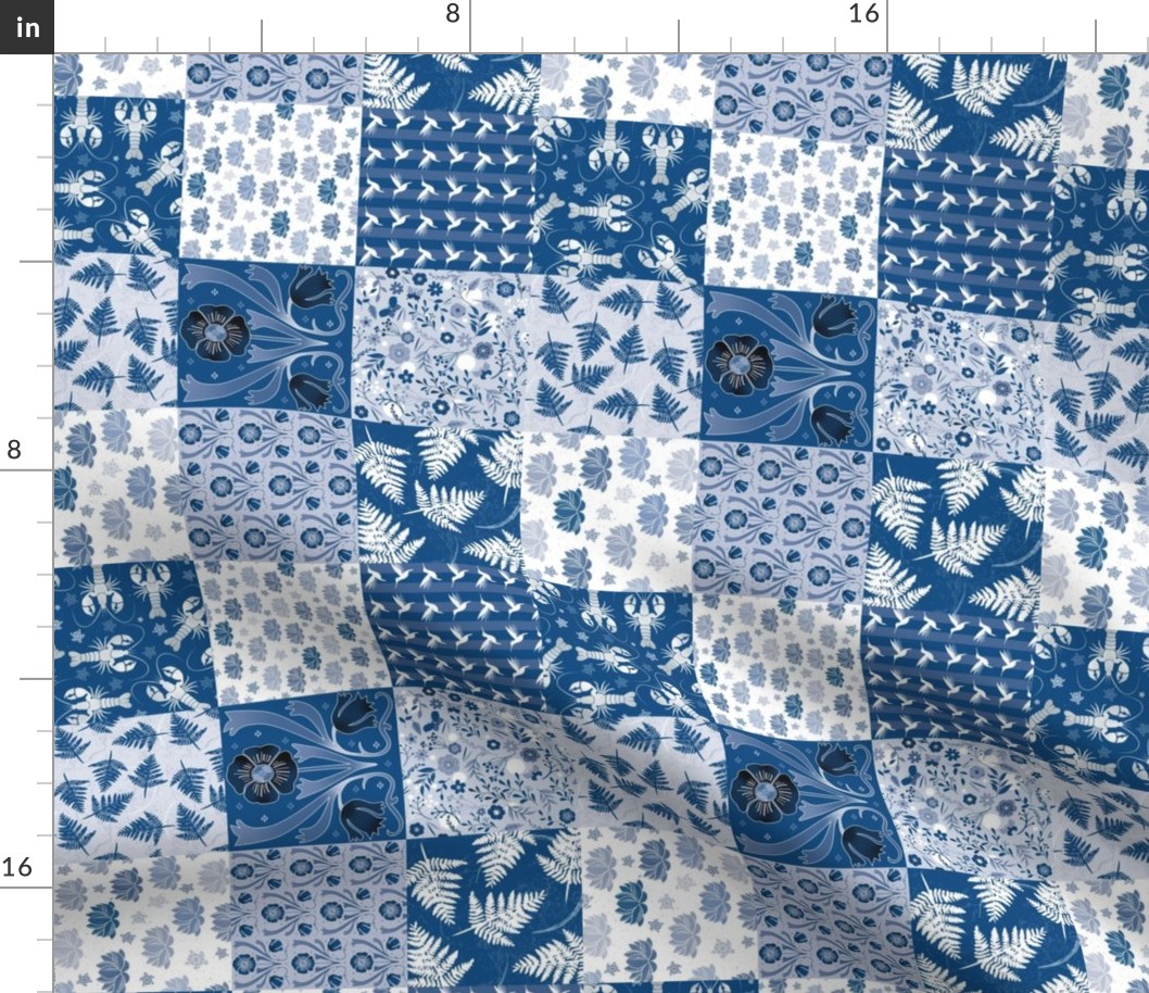 Blue Botanic Cheater Quilt | small 3 inch squares | rotated