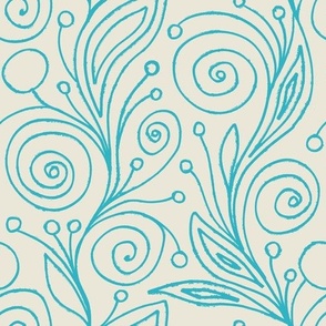 Turquoise Blue Grunge Hand-Drawn Floral Abstract Curls and Spirals