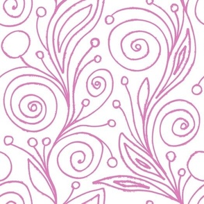 Pink and White Grunge Hand-Drawn Floral Abstract Curls and Spirals