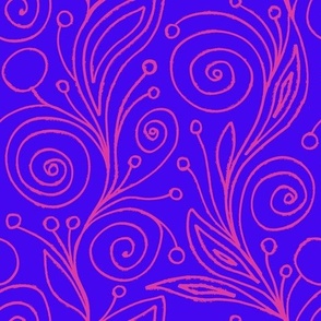 Bold Neon Blue and Pink Grunge Hand-Drawn Floral Abstract Curls and Spirals