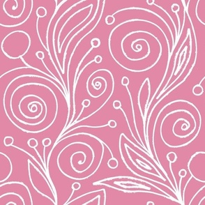 Pink Grunge Hand-Drawn Floral Abstract Curls and Spirals