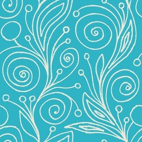 Turquoise Grunge Hand-Drawn Floral Abstract Curls and Spirals