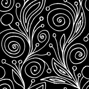 Black Grunge Hand-Drawn Floral Abstract Curls and Spirals