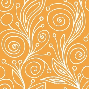Warm Orange Grunge Hand-Drawn Floral Abstract Curls and Spirals