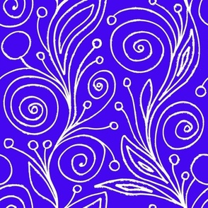 Blue and White Grunge Hand-Drawn Floral Abstract Curls and Spirals