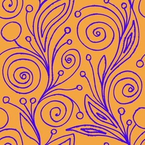 Orange and Blue Grunge Hand-Drawn Floral Abstract Curls and Spirals