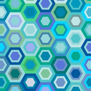 Multicolored Hexagons, blue greens, 24 inch