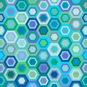 Multicolored Hexagons, blue greens, 18 inch