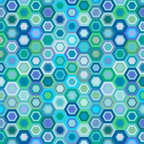 Multicolored Hexagons, blue greens, 12 inch