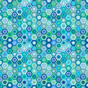 Multicolored Hexagons, blue greens, 8 inch