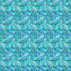 Multicolored Hexagons, blue greens, 4 inch