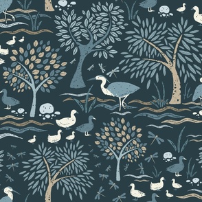 Large Scale Whimsical Hand Painted Herons and Ducks at the Lake on Dark Teal 