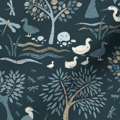 Medium Scale Whimsical Hand Painted Herons and Ducks at the Lake on Dark Teal 