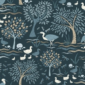 Medium Scale Whimsical Hand Painted Herons and Ducks at the Lake on Dark Teal 