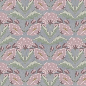 Medium scale art deco poppies in pink and green on a grey background
