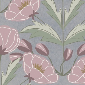 big and bold art deco poppies in pink and green on a grey background