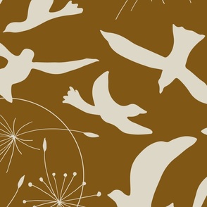 (XL) beige birds and dandelion rings flying in the bright copper sky