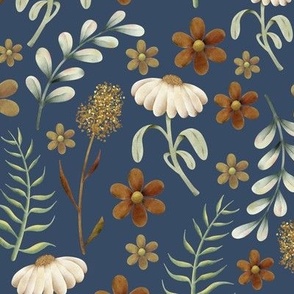 Watercolor wildflowers in natural colors on dark blue background surface pattern design 9x9