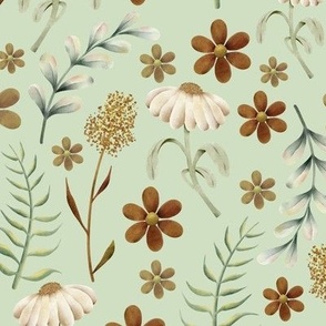 Watercolor wildflowers in natural colors on light green background surface pattern design 9x9