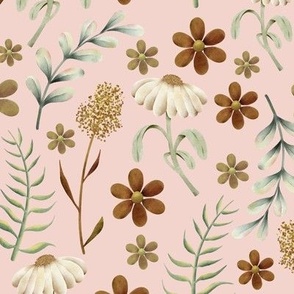 Watercolor wildflowers in natural colors on light pink background surface pattern design 9x9