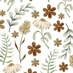 Watercolor wildflowers in natural colors on white background surface pattern design 9x9