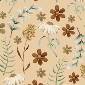 Watercolor wildflowers in natural colors on beige background surface pattern design 9x9