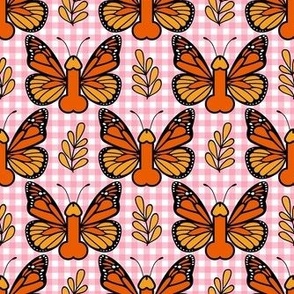 Smaller Scale Sassy Monarch Butterflies Pink Gingham