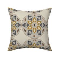 (XL) floral medallion in rustic goldenrod, grey, white and russet on beige